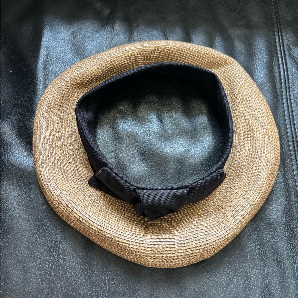 eric javits straw hat visor with black ribbon and bow size s/m